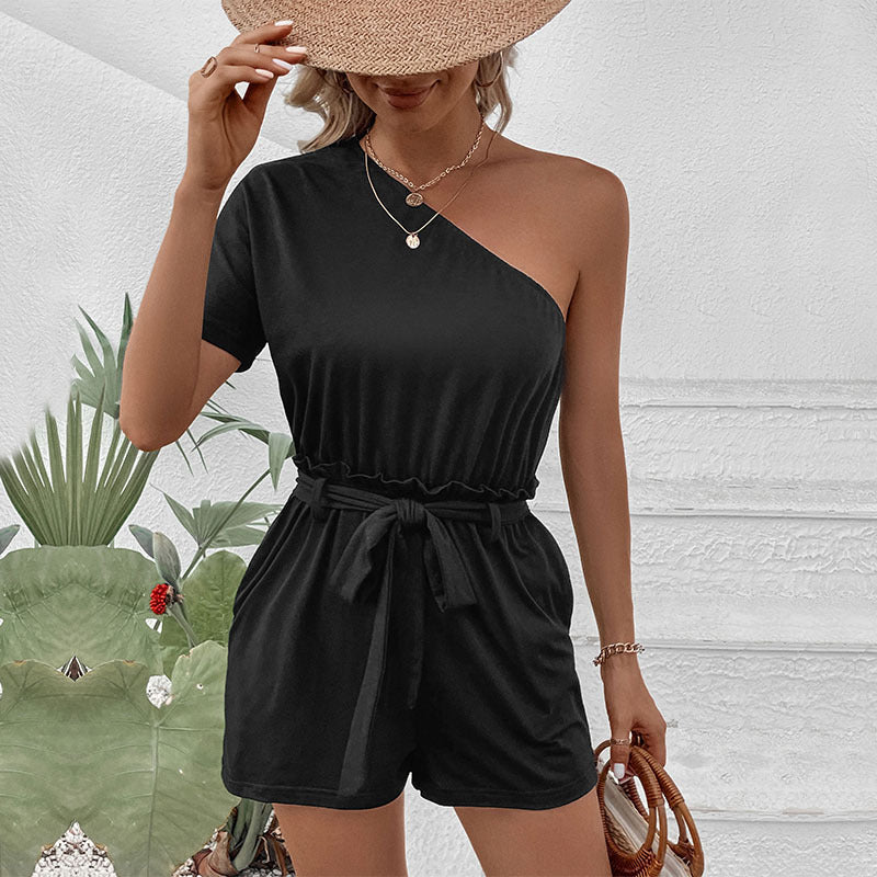 Casual Solid Color Strapless One-Piece Romper Shorts