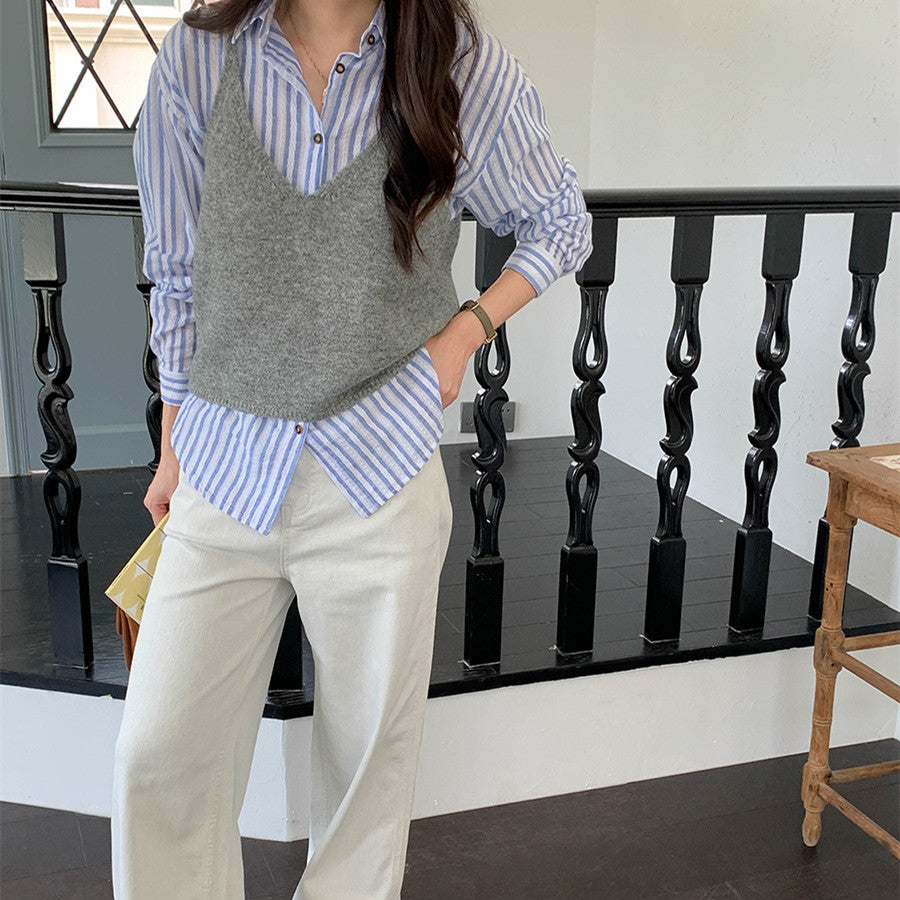 Womens Solid-color Versatile V-neck Knitted Vest