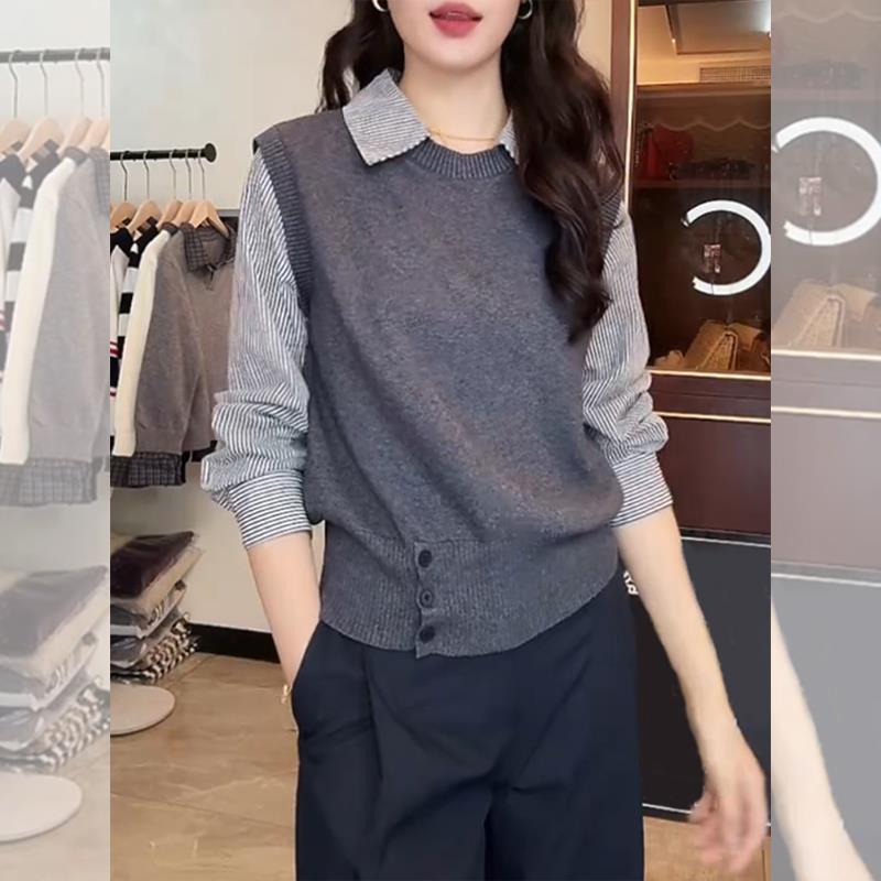 High-grade Fake Two-piece Striped Shirt Stitching Sweater for Women
