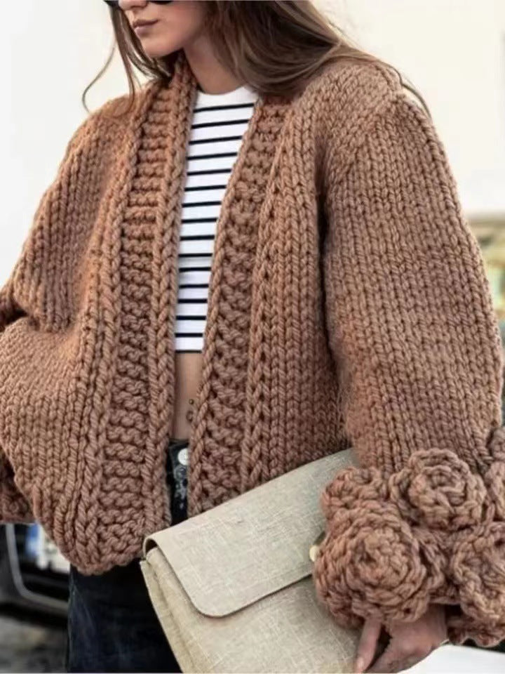 Long Sleeve Sweater Fashion Flower Sleeve Coarse Woven Knitted Cardigan