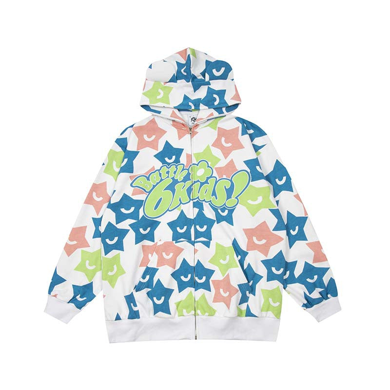 Women's Star Print Zip-Up Hoodie Casual Sweatshirt