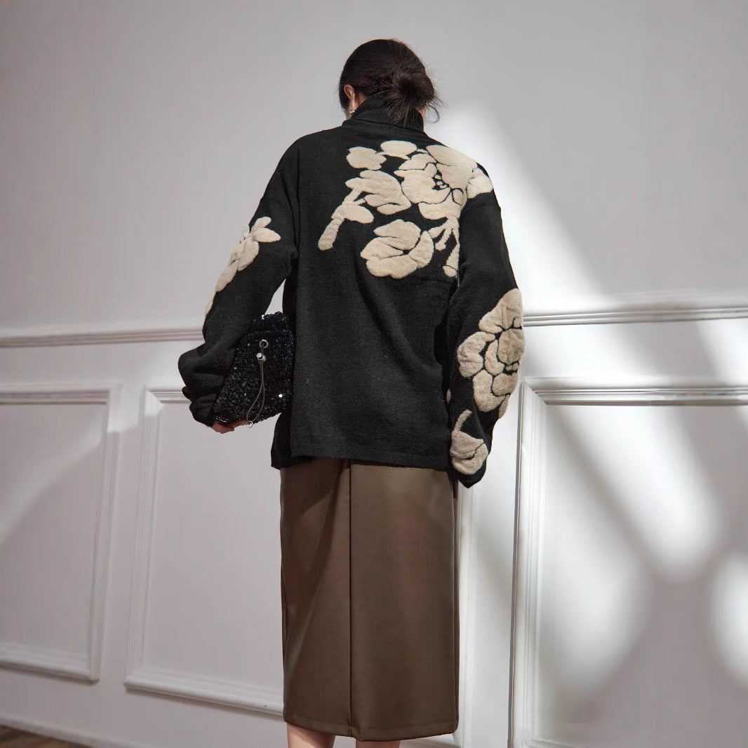 Three-dimensional Flower Jacquard Turtleneck Retro Loose Knitted Sweater