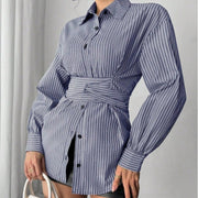 Womens Fashion Irregular-Waist Belt Long-Sleeve Shirt