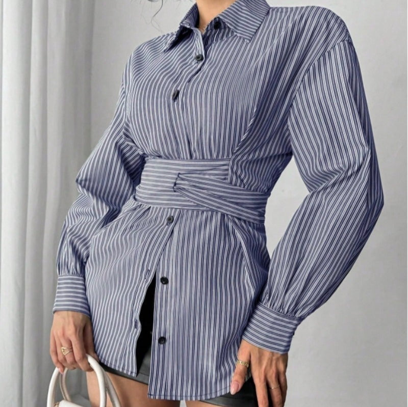 Womens Fashion Irregular-Waist Belt Long-Sleeve Shirt