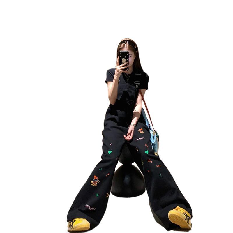 Cartoon Embroidered High-Waisted Loose Denim Suspender Pants