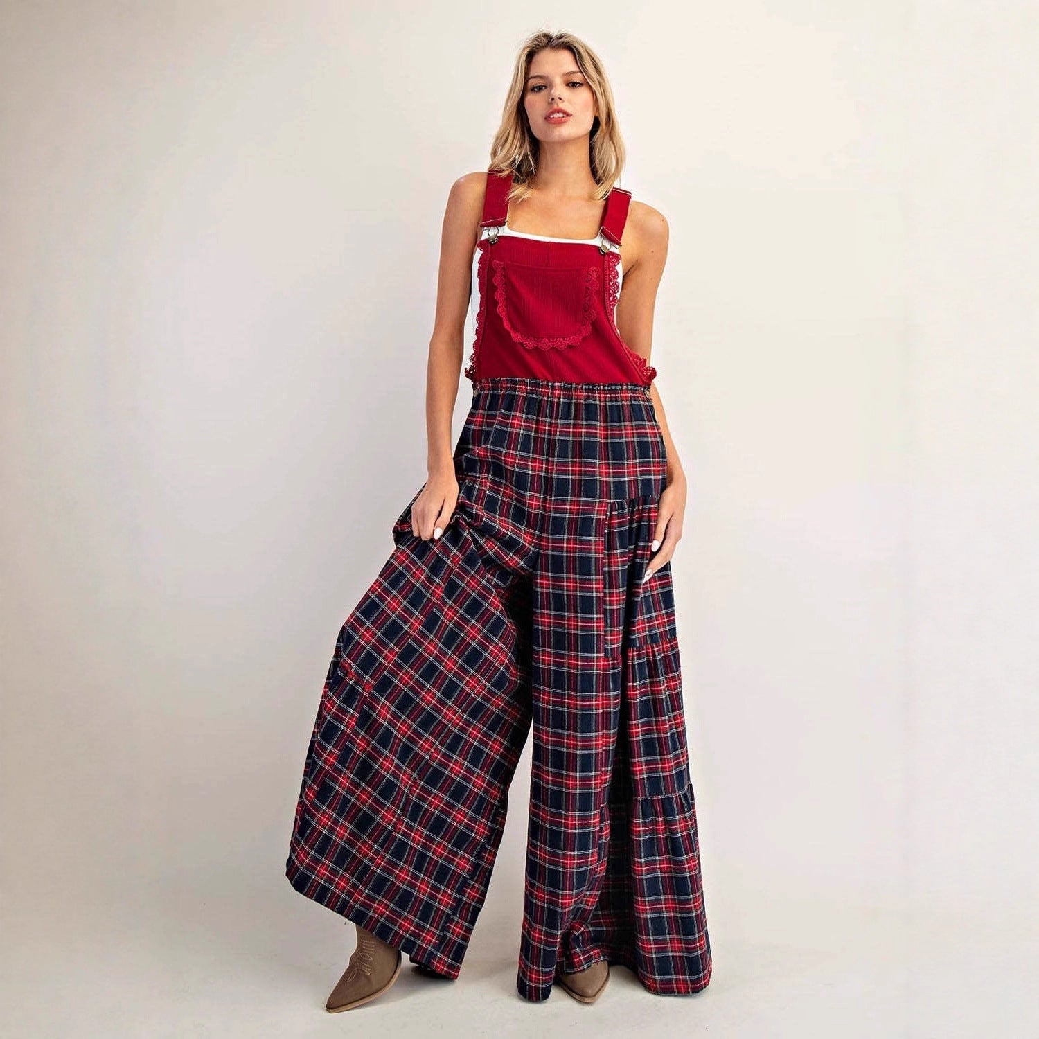 Women's Plaid Wide-Leg Loose Overalls Pants
