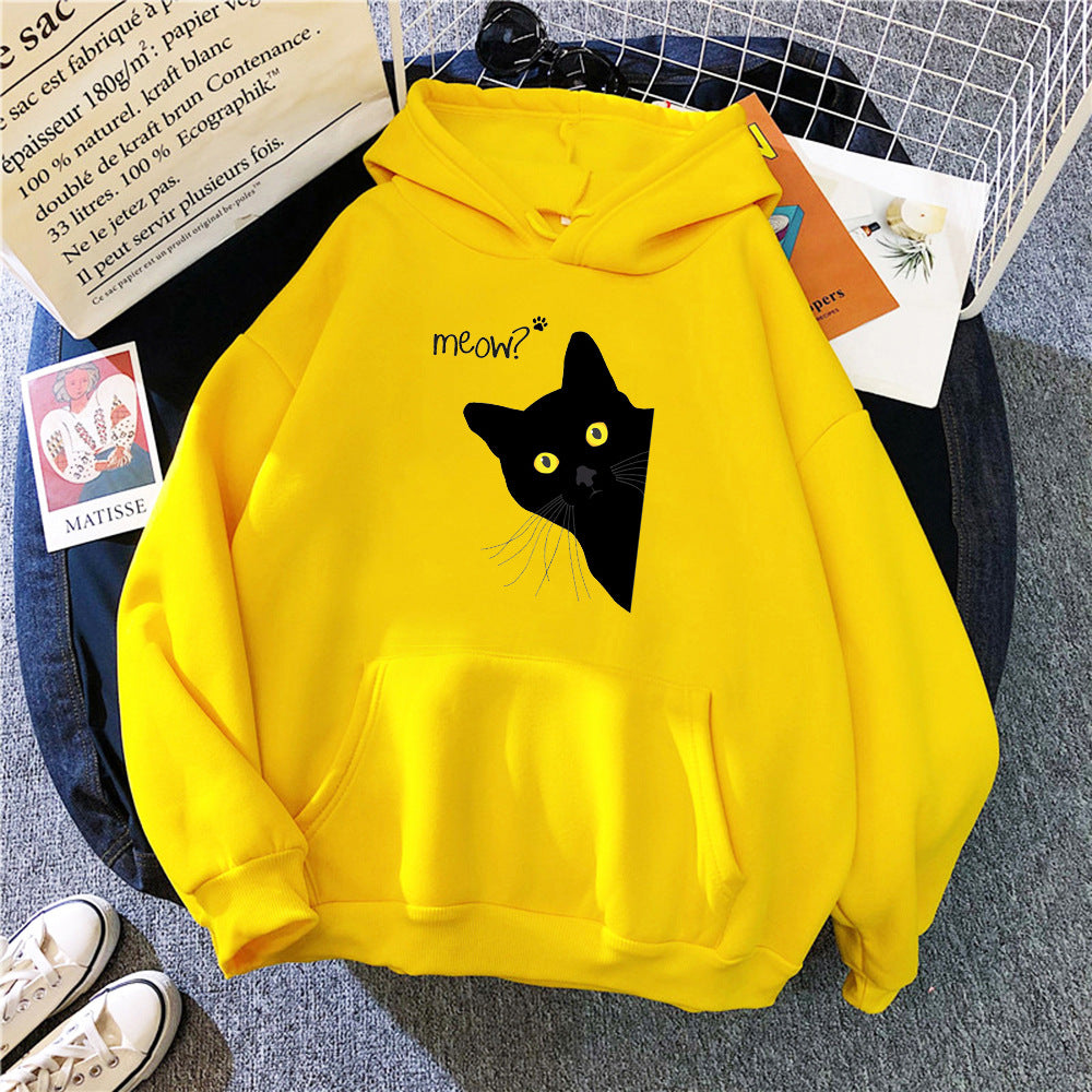 Plus Size Black Cat Fleece Hooded Sweatshirt