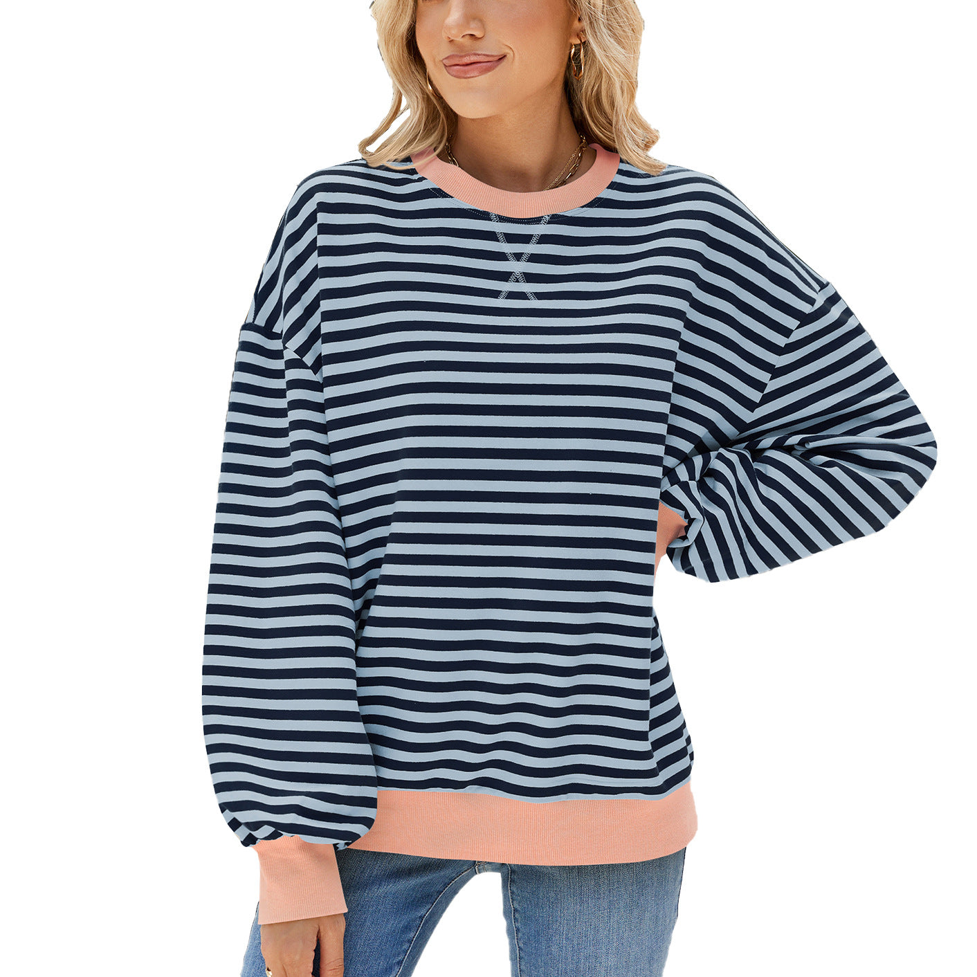 Women's Striped Round Neck Loose Long Sleeve Sweatshirt