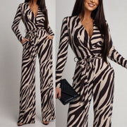 Zebra-Print V-Neck Long-Sleeve Jumpsuit European And American Fashion Style