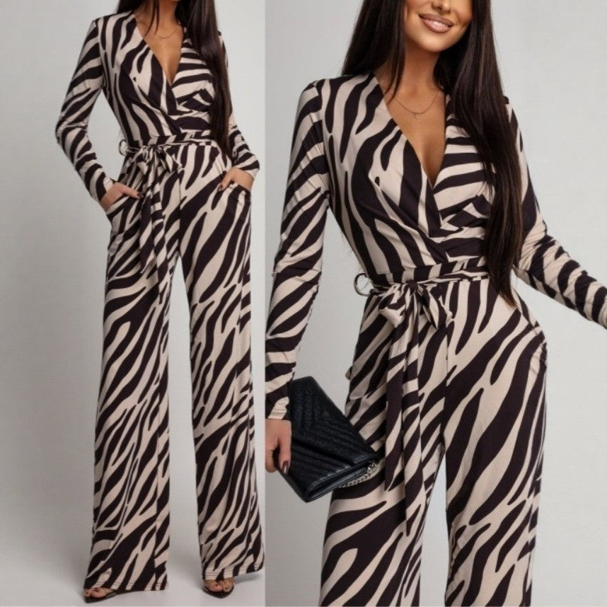 Zebra-Print V-Neck Long-Sleeve Jumpsuit European And American Fashion Style