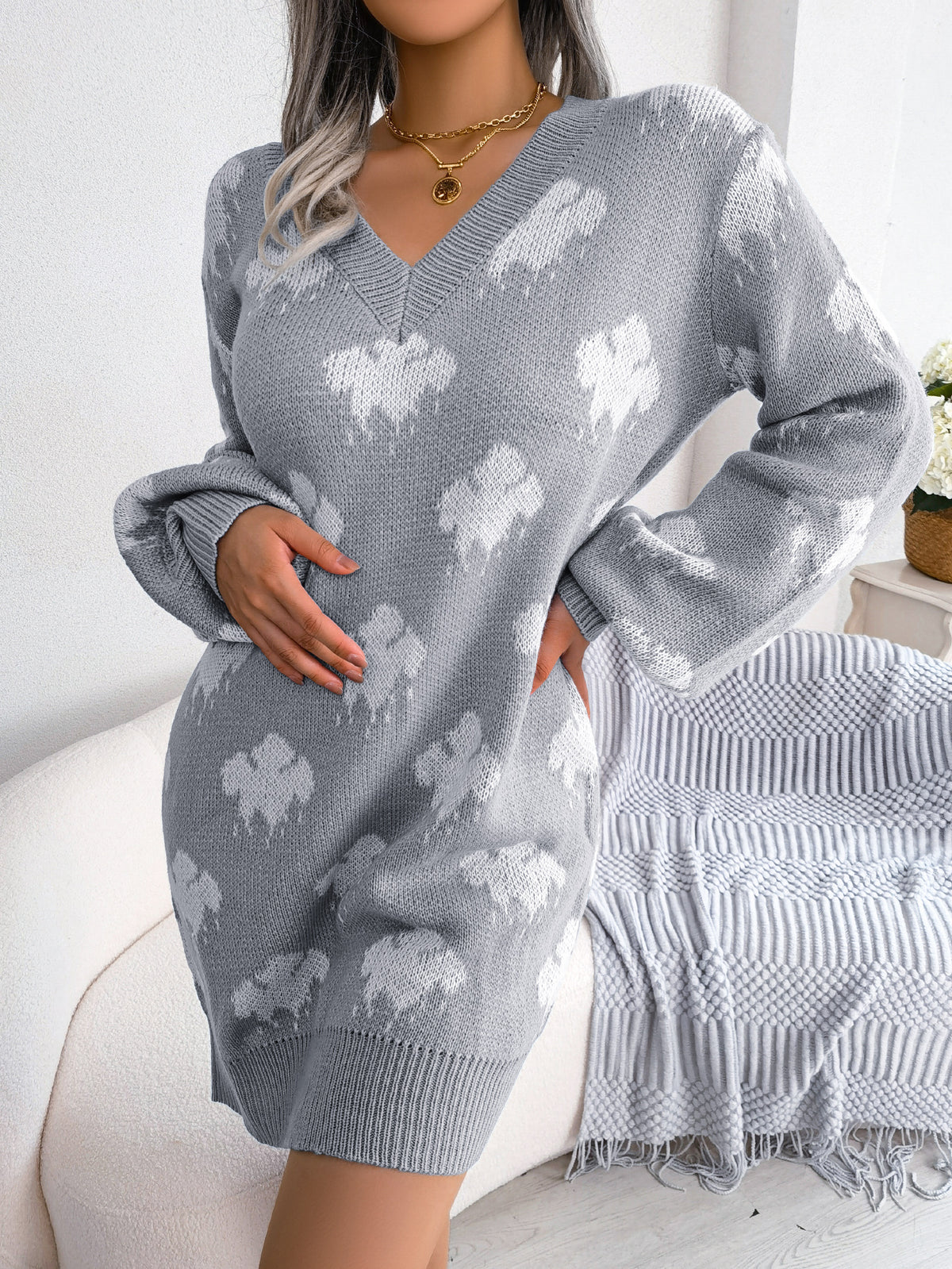 Women's Color-blocked Cloud Lantern Sleeve Knitted Slip Dress