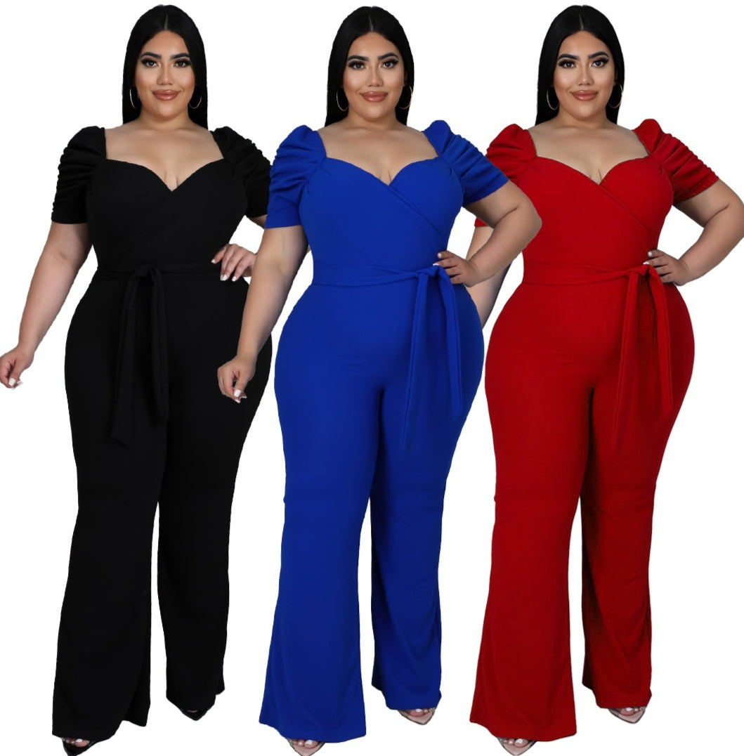 Women's Plus-Size Ruffle Sleeve High-Waist Wide-Leg Jumpsuit