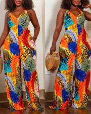 Women's Leaf Print V-Neck Sleeveless Jumpsuit