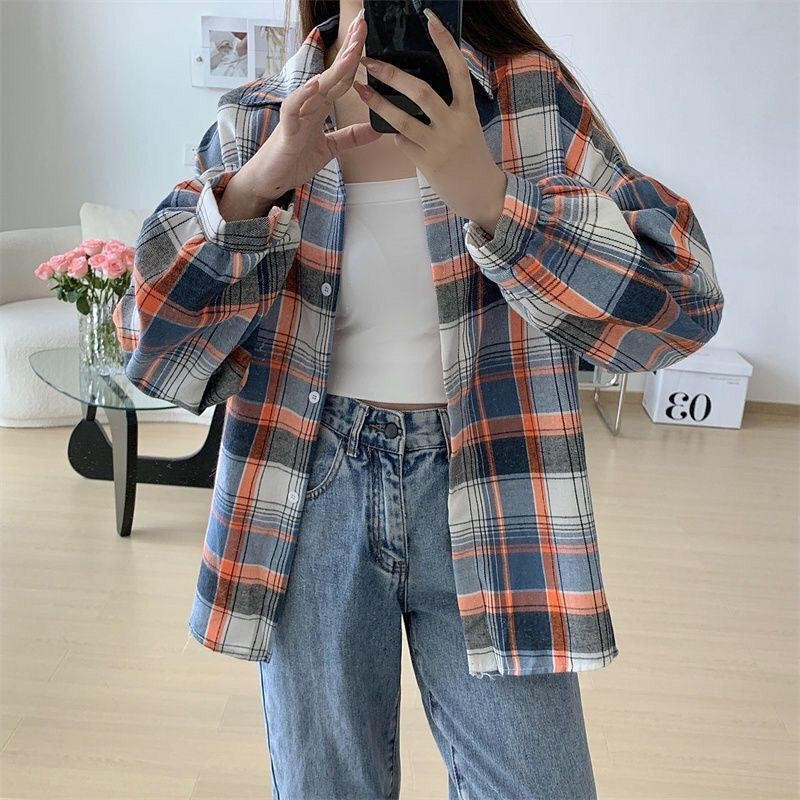 Loose-fitting Korean-style Plaid Shirt For Women