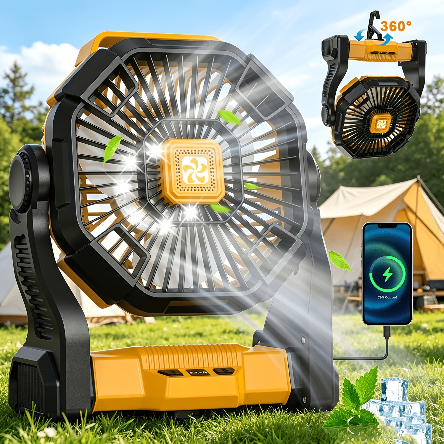 Three-in-One Battery Powered Camping Fan with LED Lantern, Timer and Rotating Base