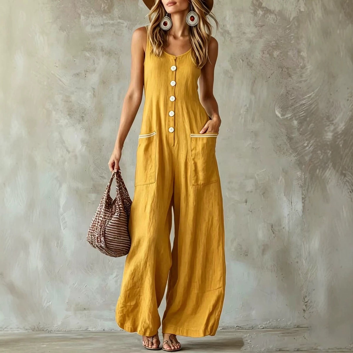 Button-front U-neck Solid-color Casual Jumpsuit