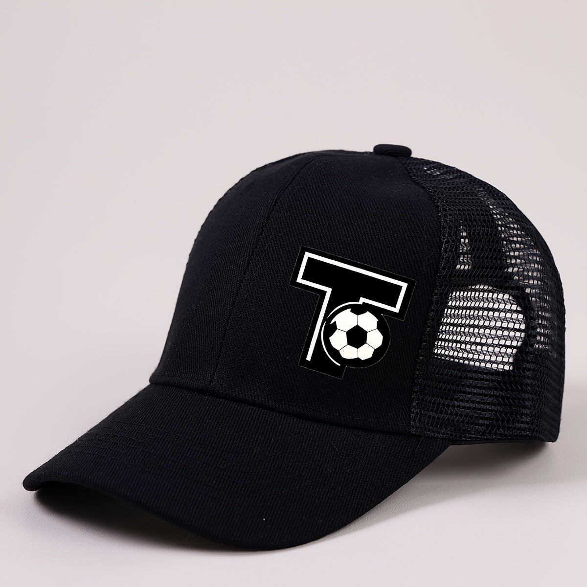 Boys Mesh Baseball Cap with A‑Z Letter and Soccer Ball Print, Unisex Sunvisor, Black
