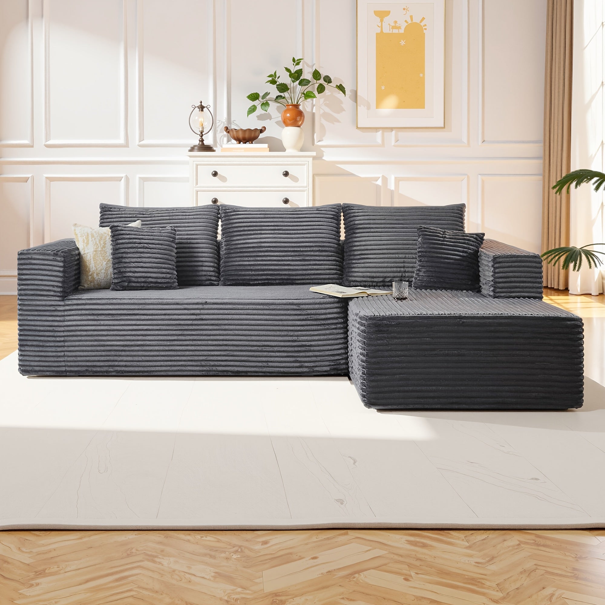 Modular L-shaped chaise longue sofa bed with deep seat and corduroy upholstery