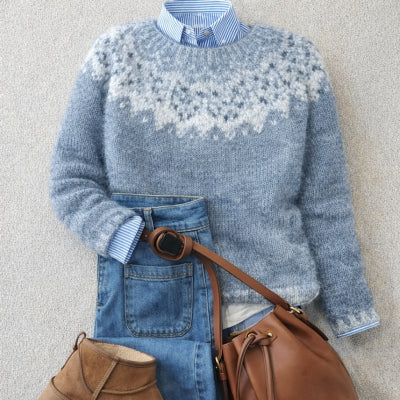 Womens Loose Stylish Jacquard Top with a Crew Neck