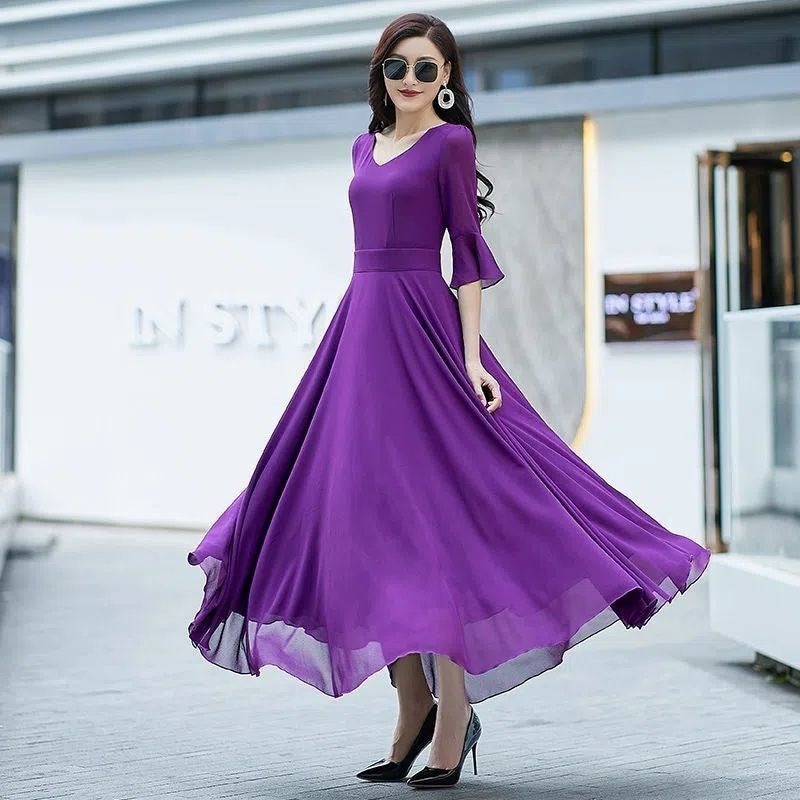 Short-height Long-style Wide-hem Chiffon Dress Ultra-fairy and Elegant Beach Maxi Dress
