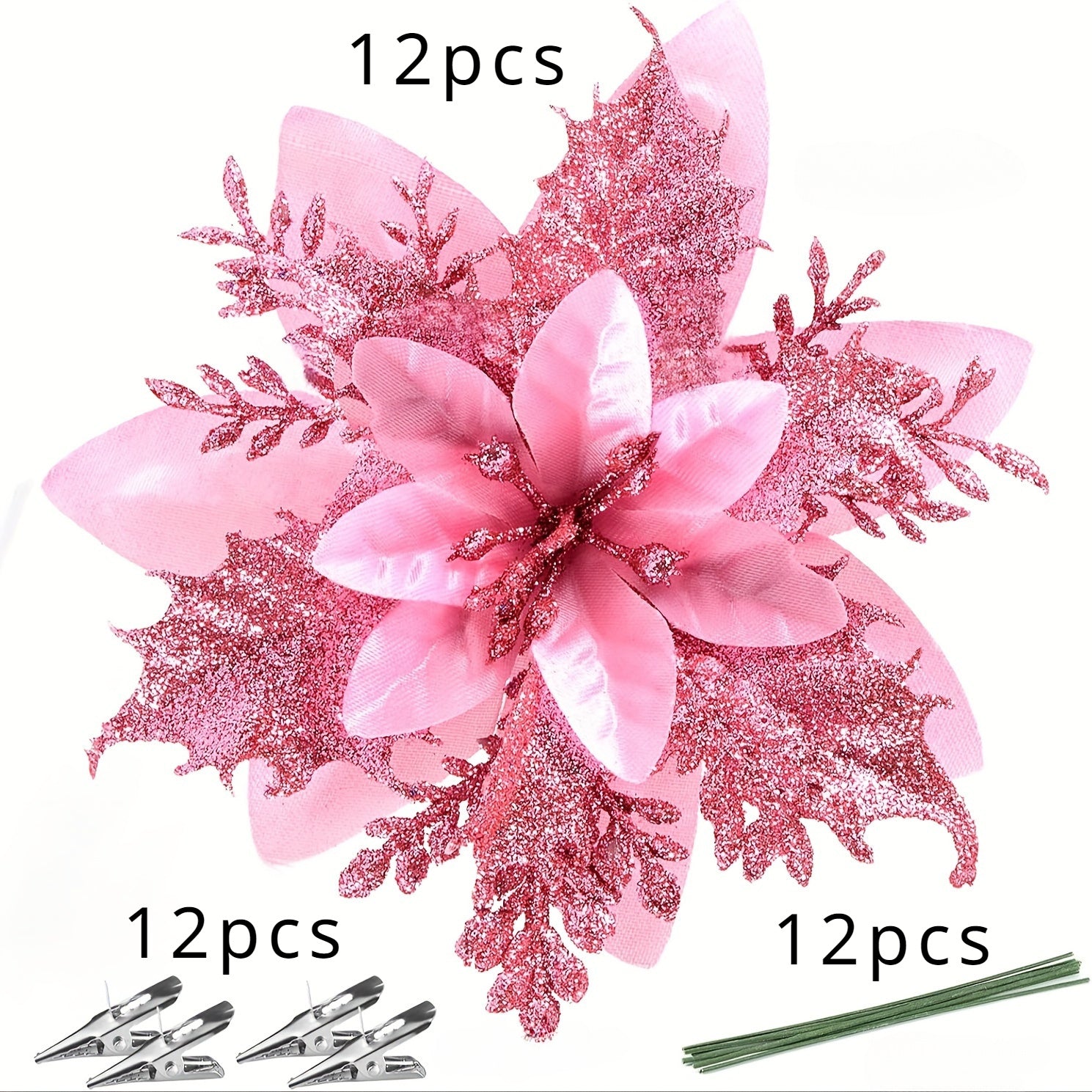 36pcs Glittering Christmas Star and Flower Hanging Ornaments Set with Clips and Stems - Perfect for Christmas Tree, Wreaths, Holiday Decorations, and Home Décor Multi-Purpose Gift