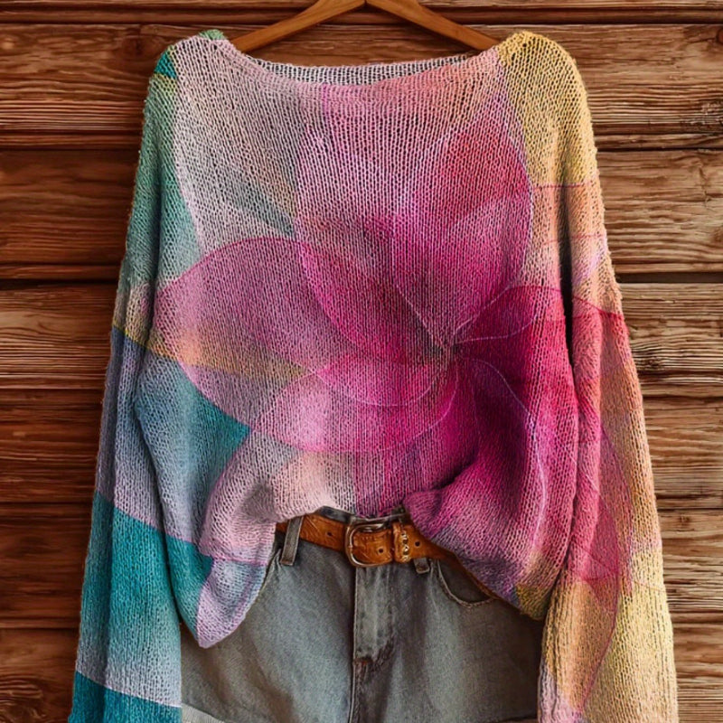 Women's Casual Sweater - Bright Floral Print, Long Sleeves, High Collar, Loose Fit, Elegant Pullover for Fall and Winter