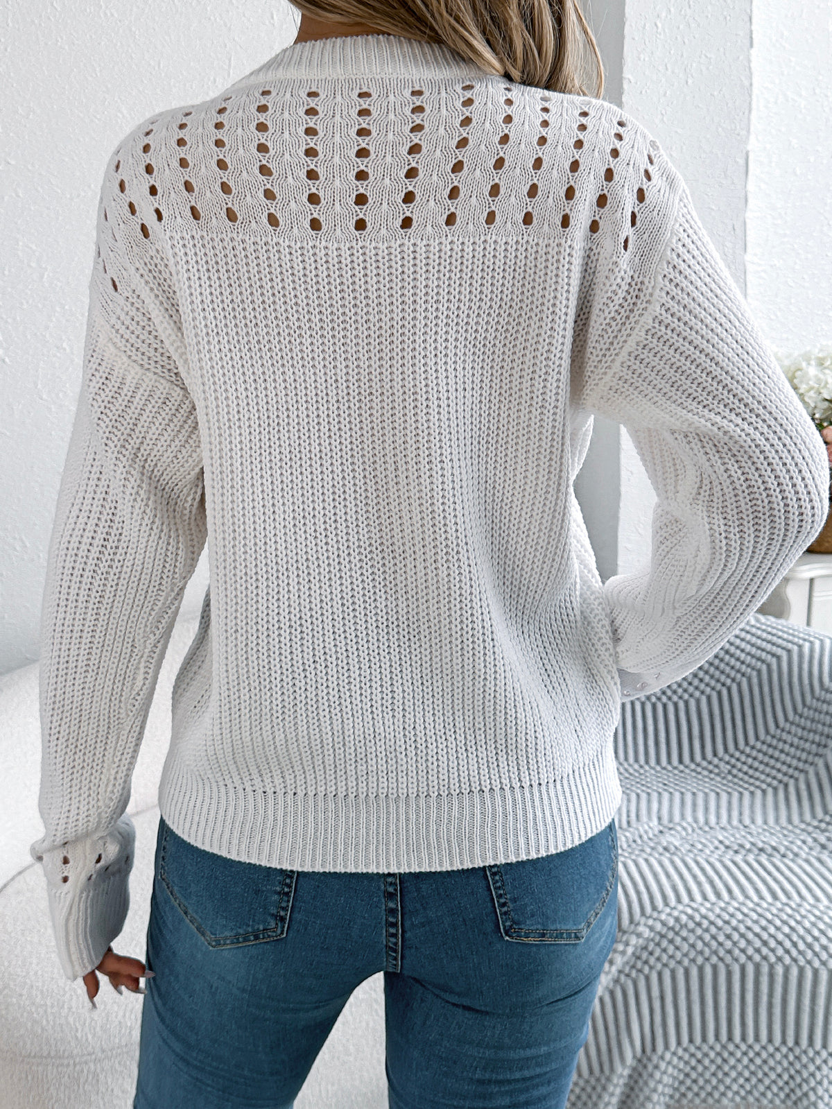 Women Casual Solid Color Hollow Out Lantern Sleeve Pullover Sweater