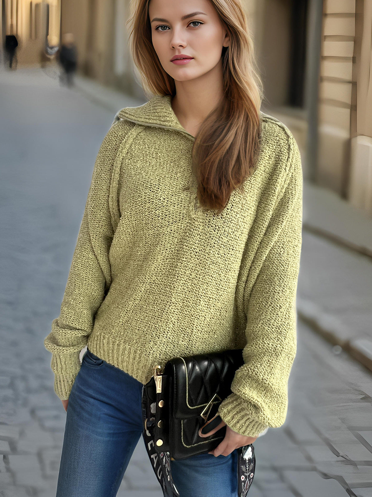 Womens Casual Solid-color Long-sleeve Lapel Zip-up Pullover Sweater