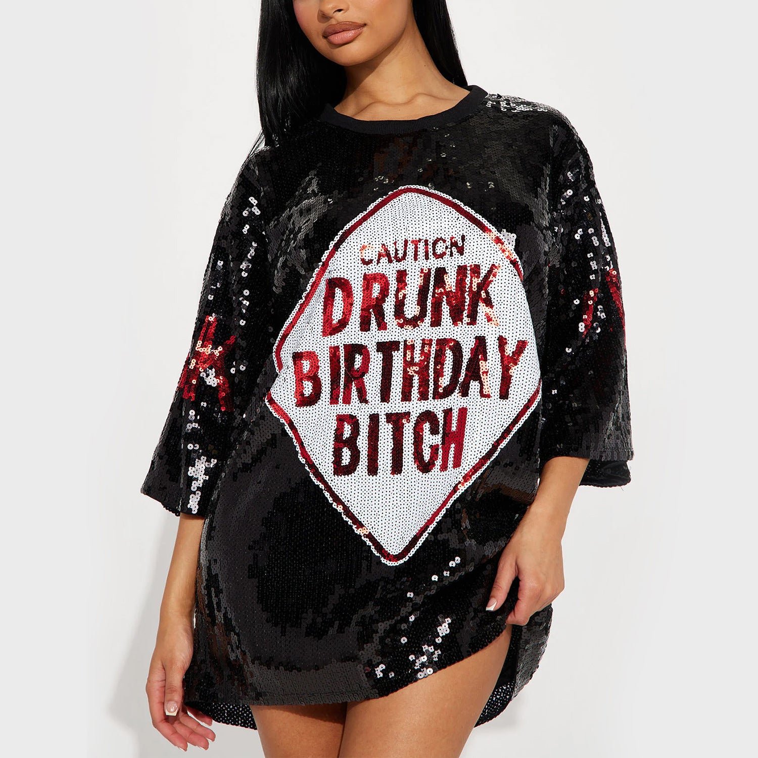 Sequined Letter-Embroidered Loose Fit T‑Shirt Dress – Mid Skirt, Street Hip‑Hop Style