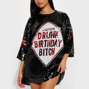 Sequined Letter-Embroidered Loose Fit T‑Shirt Dress – Mid Skirt, Street Hip‑Hop Style