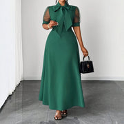 Mesh-panel Mid-length Dress with Bow Neckline