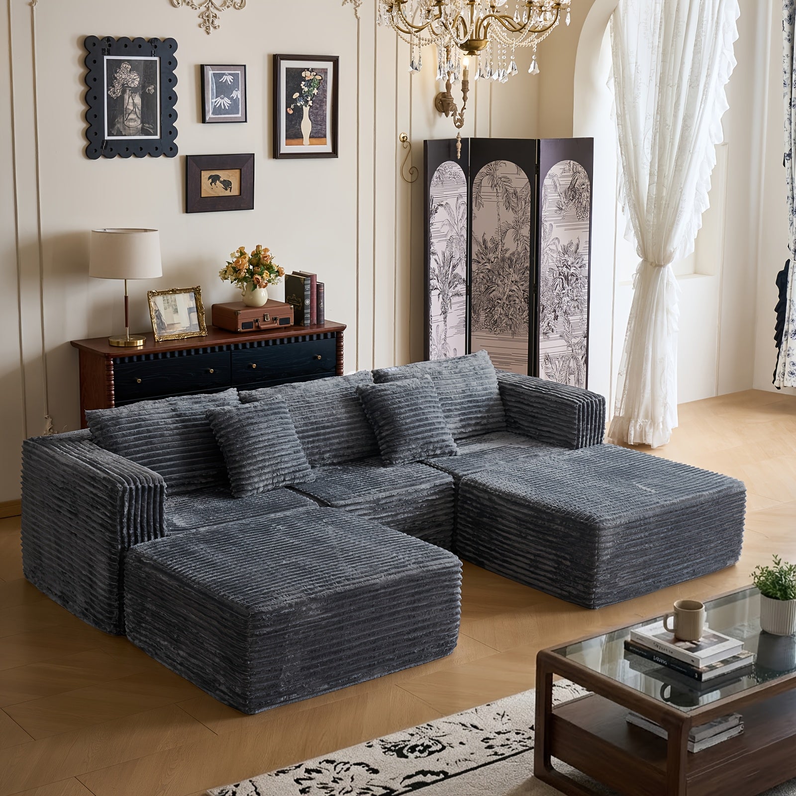 Modular L-shaped chaise longue sofa bed with deep seat and corduroy upholstery