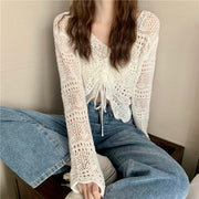 Drawstring V-neck Relaxed-fit Sun-protective Long-sleeve Cover-up