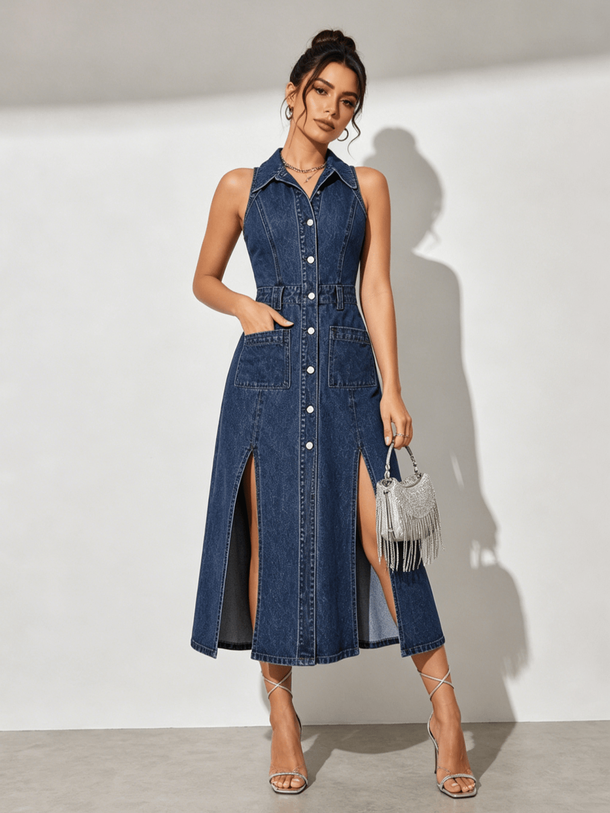 New Women's Retro-Style Washed Blue Collared Sleeveless Single-Breasted Denim Dress With Slits And Pockets, Summer Outfits For Women