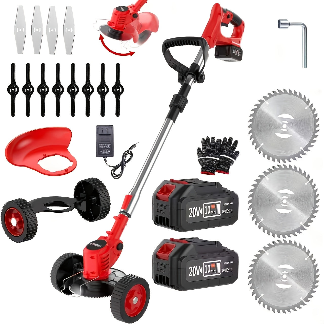 Portable Cordless Electric Lawn Mower, 3-in-1 Trimmer Edger Shrub Cutter, Lightweight Powerful Yard Tool, Adjustable Height & Rotating Head, 3 Blades & 2 High-Capacity Lithium Batteries, for Garden Patio, Perfect Father's Day Gift for Dad Husband Men