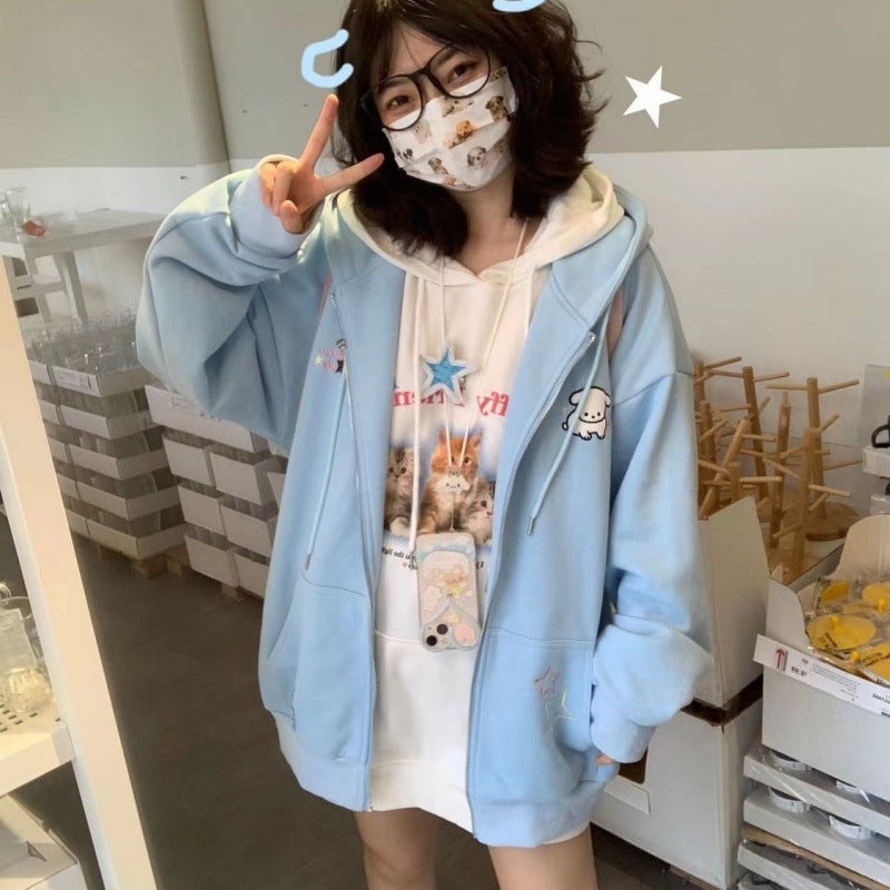 Cute Dog Embroidered Loose Hooded Cardigan for Women