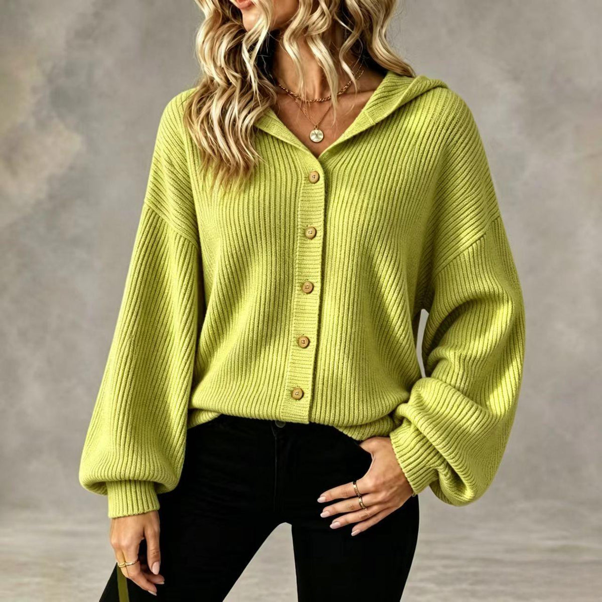 Hooded Knitted Cardigan Loose-sleeved Corduroy Coat with Buttons for Women