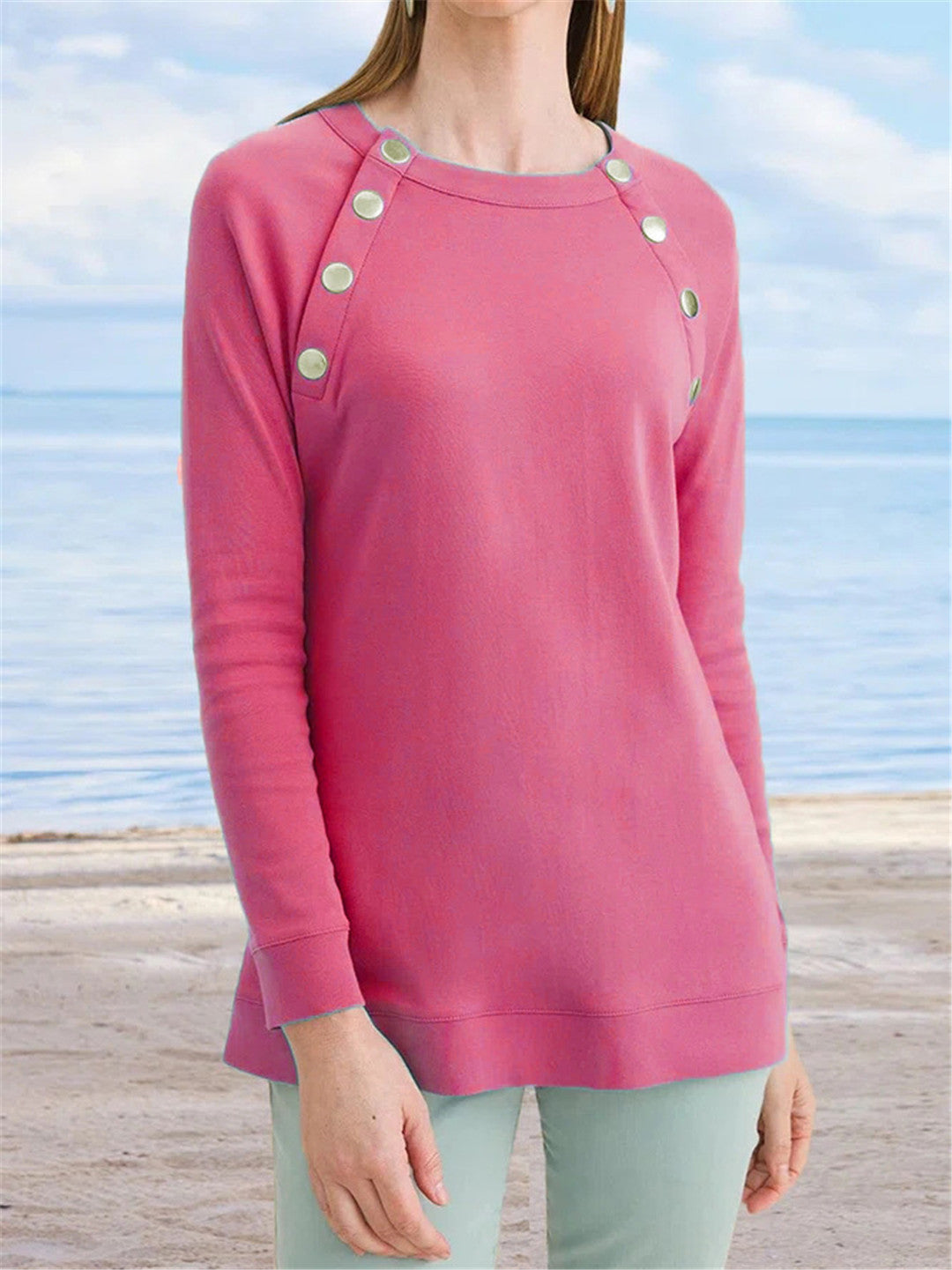 Chic Metal Button Round Neck Casual Long-Sleeve Sweater