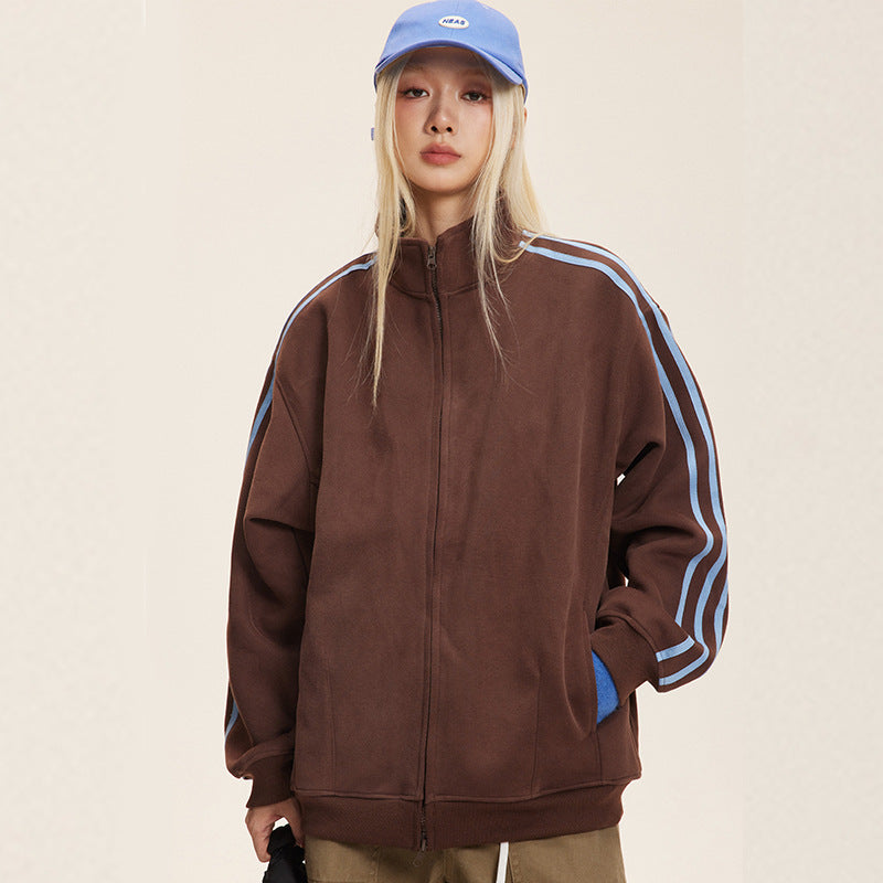 Retro Three-Bar Sports Cardigan Sweater