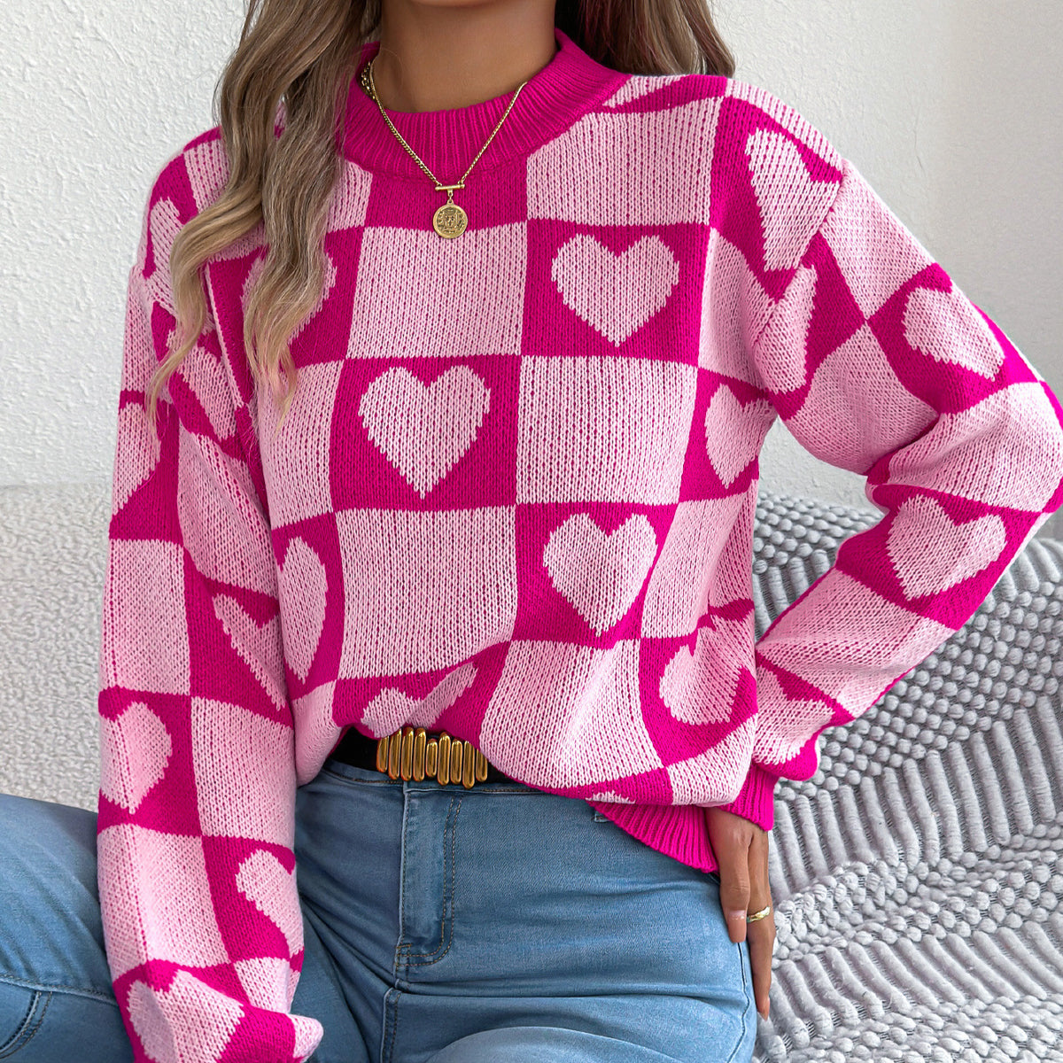 Women's Love Plaid Lantern Long Sleeve Pullover Sweater