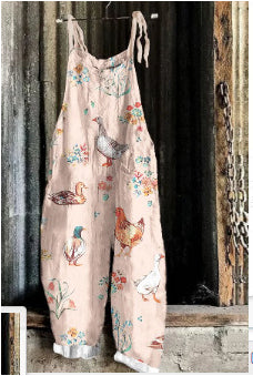 Women's Retro Printed Strap Jumpsuit Linen Pants
