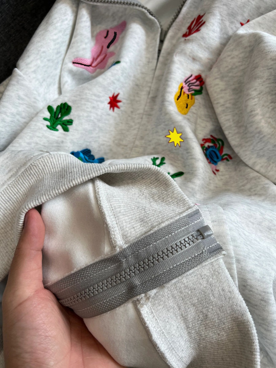 Retro Embroidered Hooded Zip-Up Jacket