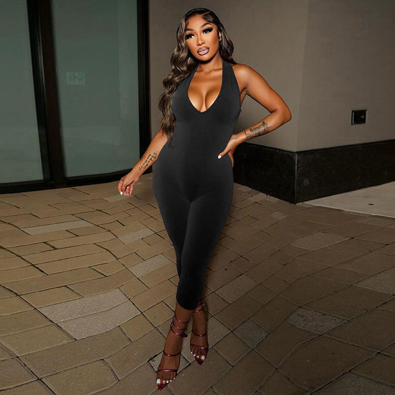 Women's Halter Deep V-Neck High-Slit Backless Jumpsuit