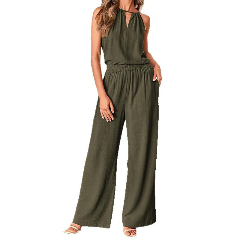 Hollow-out Halter Top And Wide-leg Pants Fashionable Casual Cotton-Linen Set