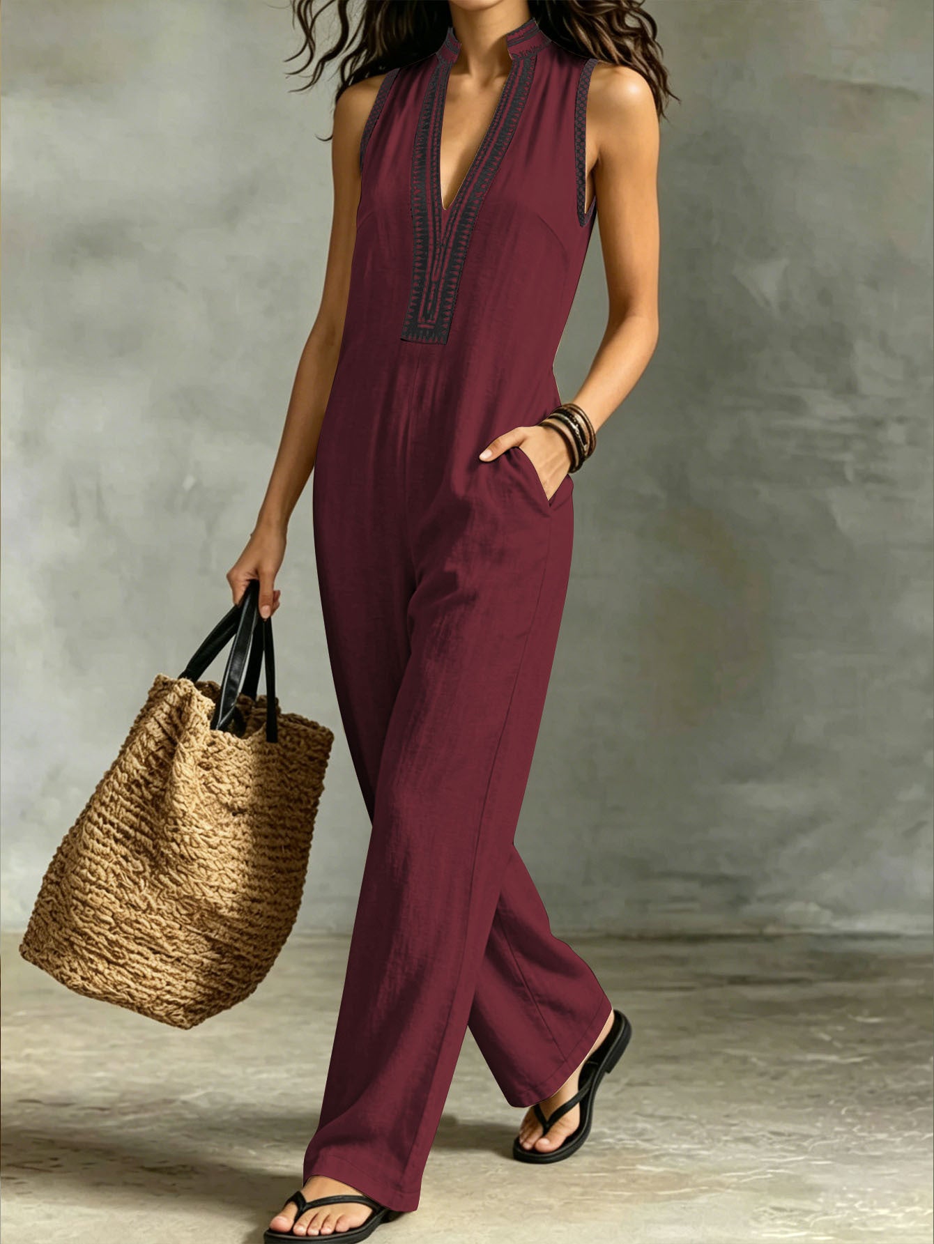 Women's Lace Trim Sleeveless Wide Leg Jumpsuit with Pockets