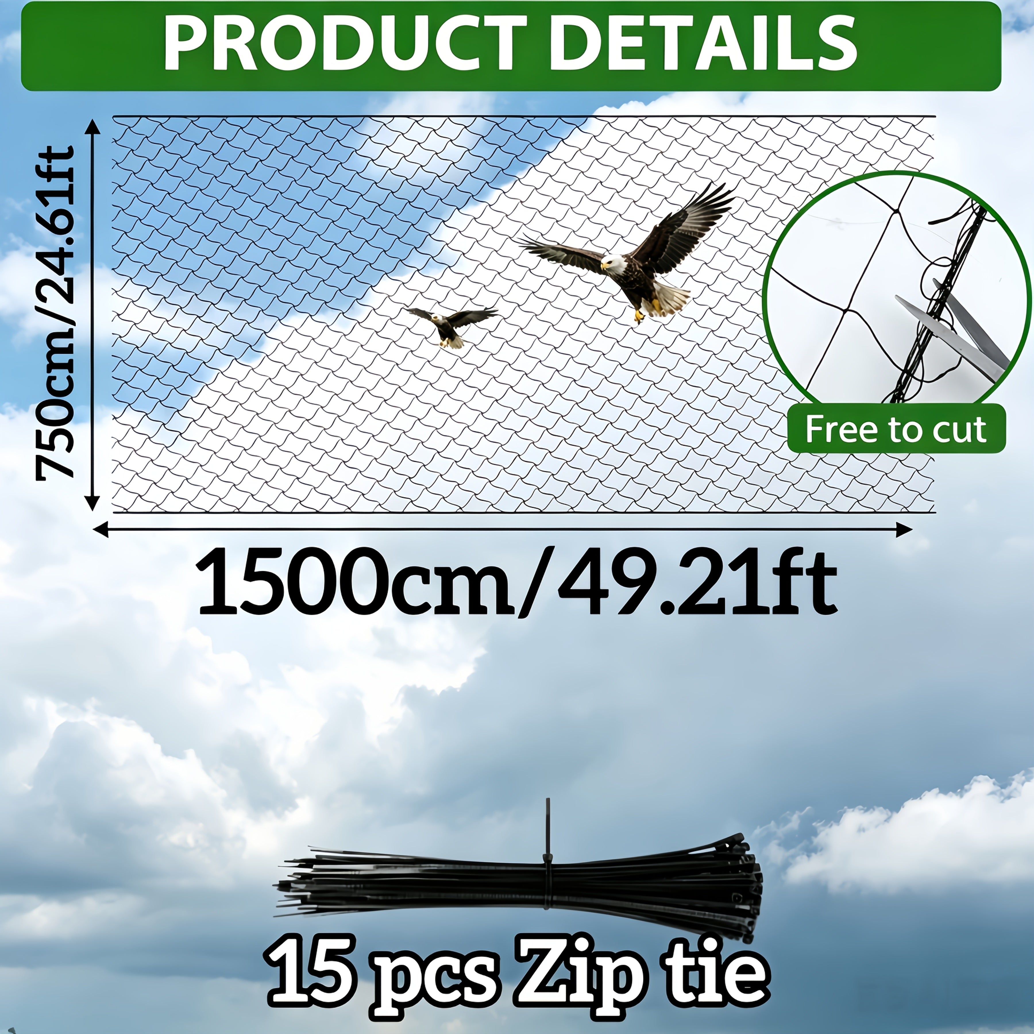 Heavy‑Duty Outdoor Duck and Chicken Net Fence – 49.21 ft × 24.61 ft Thickened Black Bird‑Proof Net with 15 Zip Ties