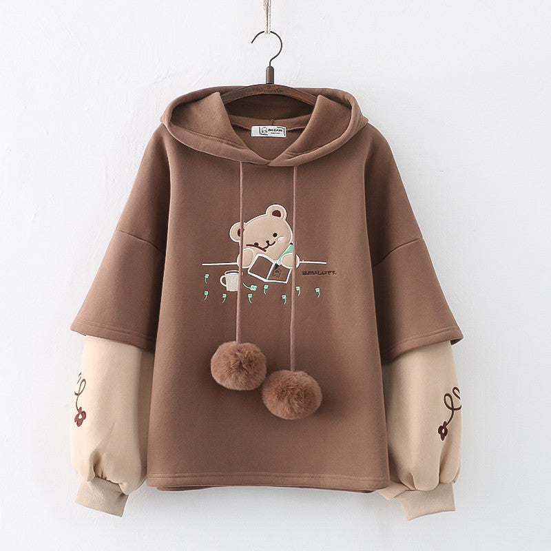 Fleece-Lined Embroidered Bear Winter Pullover Hoodie