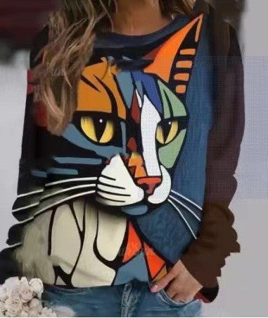 Women's 3D Digital Print Round Neck Pullover Sweater