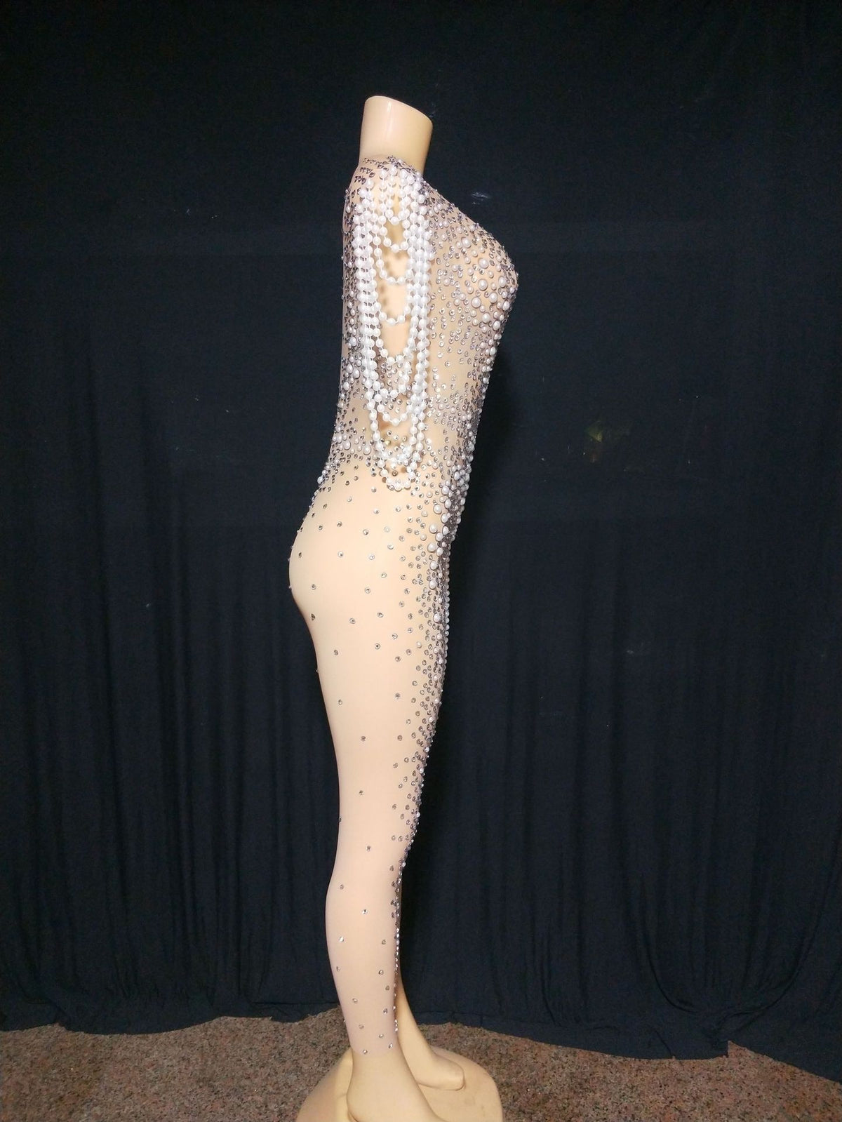 Rhinestone Bead Necklace Stretch Tight Jumpsuit
