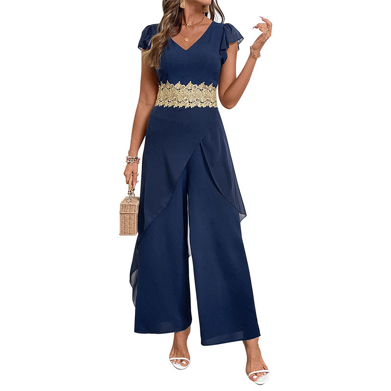 Elegant Lace V-Neck Wide-Leg Jumpsuit